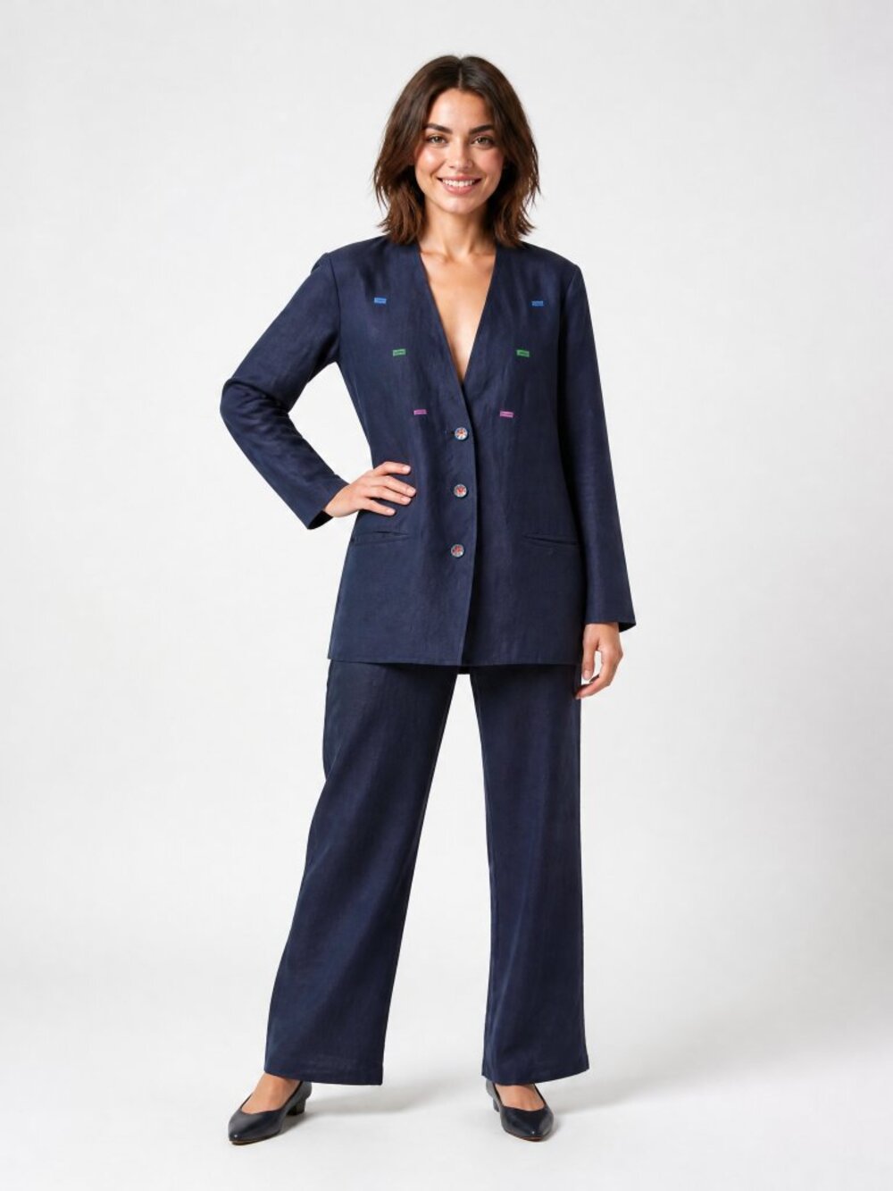 Vintage 90's Geiger Austrian Designer Linen Blend Navy Blue Blazer 42 12
